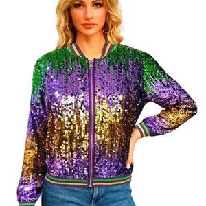 Mardi Gras Sequin Bomber Jacket| SMALL Mardi Gras Tri-Colored Sequin Jacket